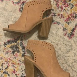 Tan open-toe booties